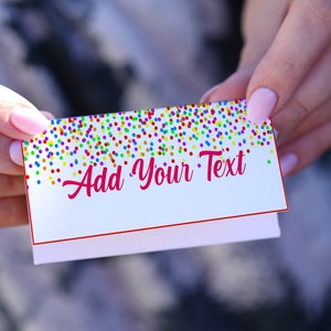 May include: A white card with a red border and a confetti design. The text "Add Your Text" is written in red cursive.