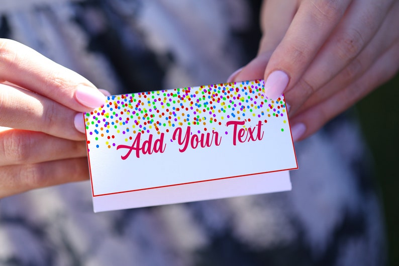 May include: A white card with a red border and a confetti design. The text "Add Your Text" is written in red cursive.