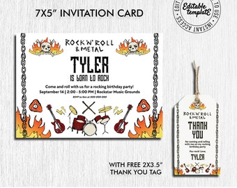Boys Rock n Roll Birthday Party Invitation with free matching Thank You Tags, Rock Birthday Party, Rock and Roll Invitation Template, Rock