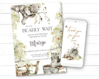 Baby Shower Invitation Set Bearly Wait Shower Editable invitation Woodland Shower Thank You Tags and Text Instant download