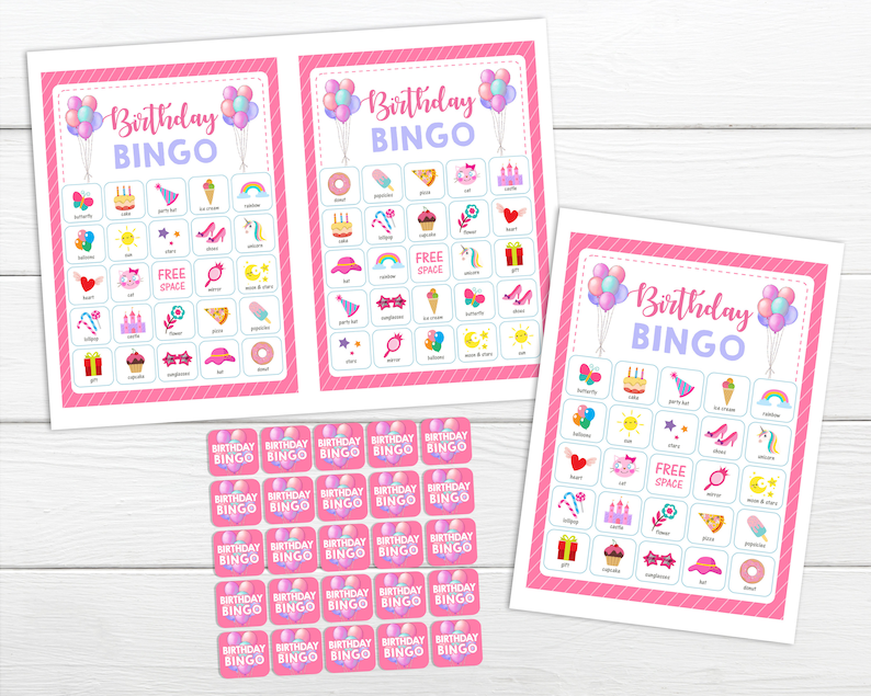 May include: Pink and white birthday bingo cards with images of birthday party items like cake, ice cream, balloons, and a unicorn. There are also 25 pink and white bingo chips with the text "Birthday Bingo" on them.