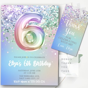Editable Girls 6th Birthday Invitation Template Rainbow Glitter Birthday Invitation Editable Girls Invitation Instant Download Template GP2