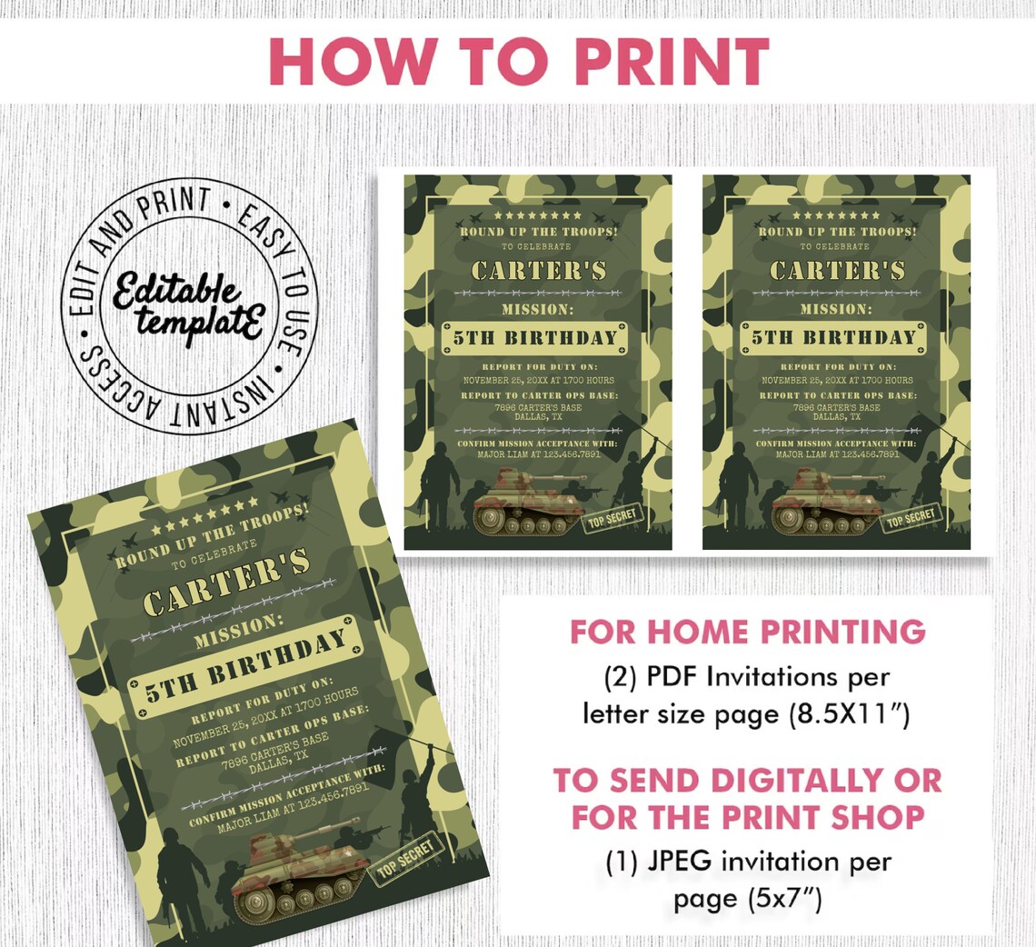 Editable Army Birthday Invitation Template With ID Badges Army Party ...