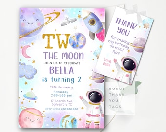 Girls 2nd Birthday Invitation Two The Moon Editable Pink Two Birthday Outer Space Party Invitation Girl Outer Space Gift Tags