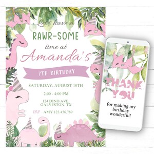 EDITABLE Dinosaur Birthday Invitation Girl Pink Dinosaur Invitation Printable Template Includes Pink Dinosaur Tags and Thank You Template
