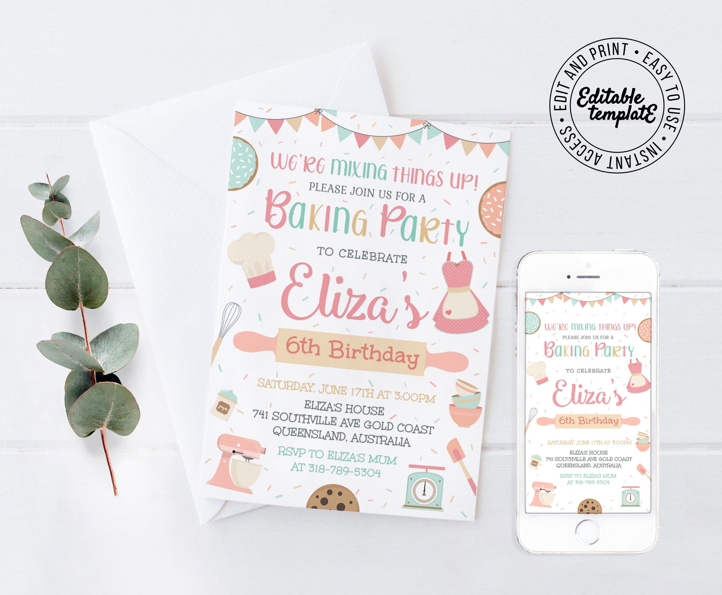 Cake Event Invite Editable Baking Birthday Party Invitation Cupcake Baking Party Girls ...