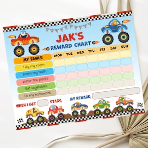 May include: A colorful monster truck themed reward chart for kids. It features a grid with days of the week, a list of tasks, and a section for stars and rewards. The chart is decorated with monster trucks and cartoon characters.