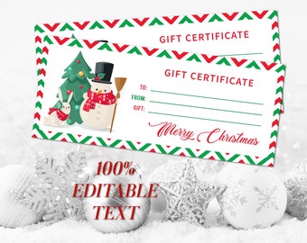 May include: Two Christmas gift certificates with a festive design. The certificates feature a snowman, a Christmas tree, and a rabbit. The text "GIFT CERTIFICATE" and "Merry Christmas" are displayed. The image also includes the text "100% EDITABLE TEXT".