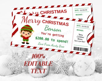 May include: Two Christmas-themed gift tickets with red and white striped borders. The tickets read "Merry Christmas" and include a cartoon elf illustration. The text on the tickets says "Benson, You're getting $200.00 to spend!" and "Love From Aunty Bree."