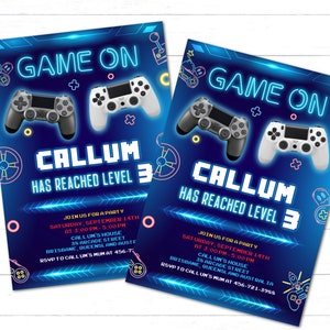 May include: Blue and neon green video game themed birthday party invitation with the text "Game On" and "Callum has reached level 3". The invitation features a graphic of two video game controllers.