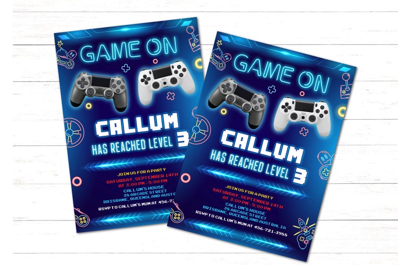 May include: Blue and neon green video game themed birthday party invitation with the text "Game On" and "Callum has reached level 3". The invitation features a graphic of two video game controllers.