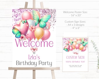 Girls Birthday Party Welcome Sign Girls Glitter Birthday Sign Welcome Birthday Sign Balloons Welcome To My Party Sign BP1