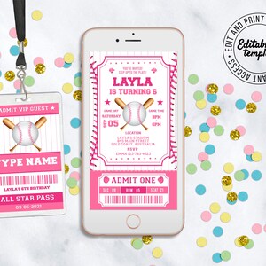 Rosa födelsedagsinbjudan till baseboll + matchande ID-brickor Rosa basebollinbjudan till flickor Födelsedagsinbjudan till softboll för flickor DIREKT NEDLADDNING bild 9