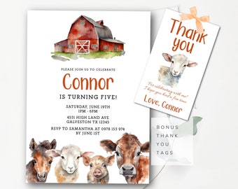 Editable Farm Invitation + Thank You Text Barn Animals Party Invite Template Ranch Kids Birthday Barnyard Farm Animals Instant Download SF2