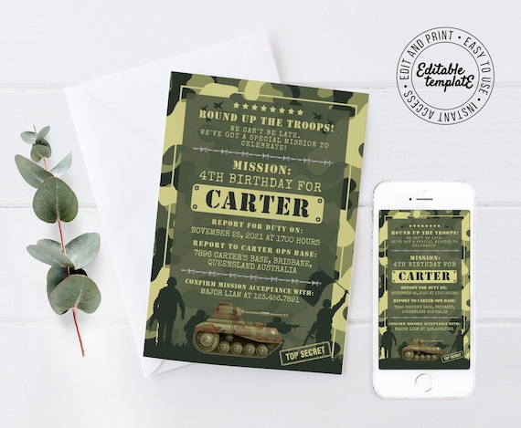Boys birthday Invitation - FREE ID Badges Included - Army Party Invitation - Army Invitation - Army Birthday Party Invitation - Army Party Il_570xn