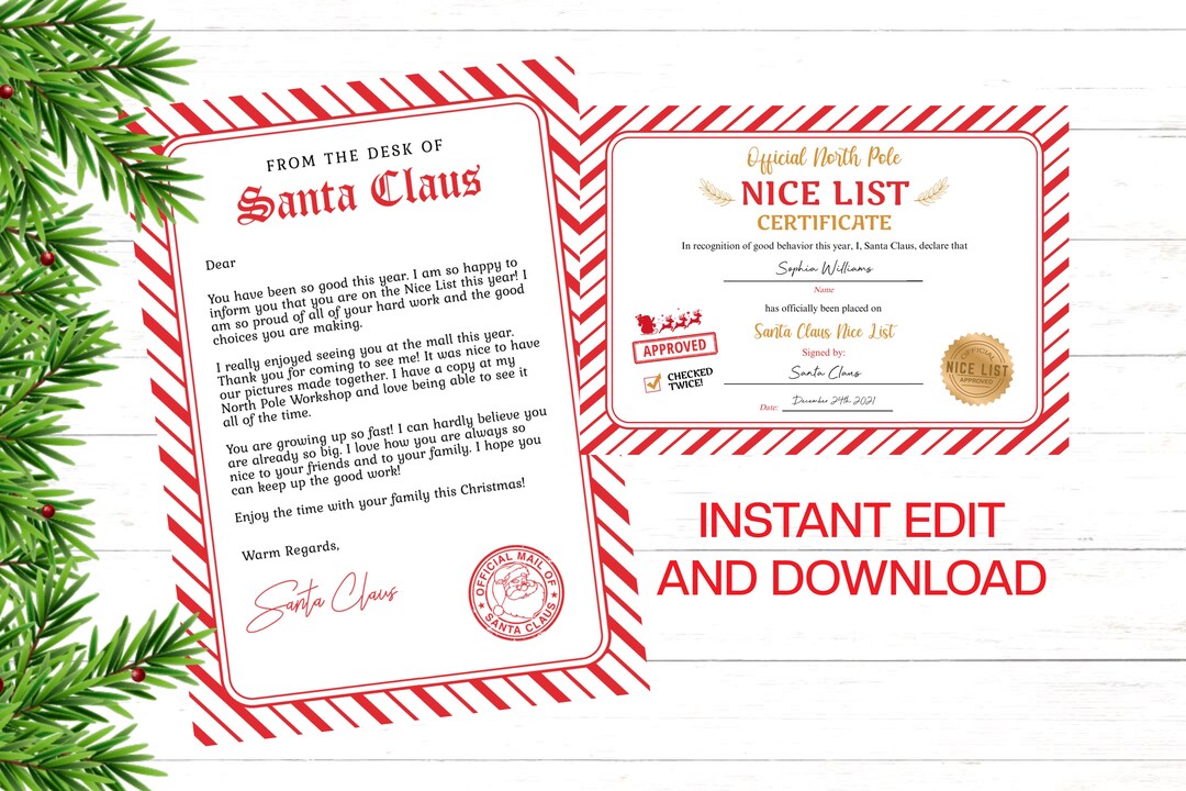 Letter From Santa + Nice List Certificate 100% Editable Santa Letter ...