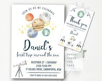 Boys First Birthday Invitation First Trip Around the Sun Invitation + Tags Editable Outer Space 1st Birthday Space Planets Blast Off OSP4