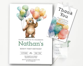 Bear Birthday Invitation Teddy Bear Invitation Beary First Birthday Editable Any Age Bear with Balloons Invite Printable Template