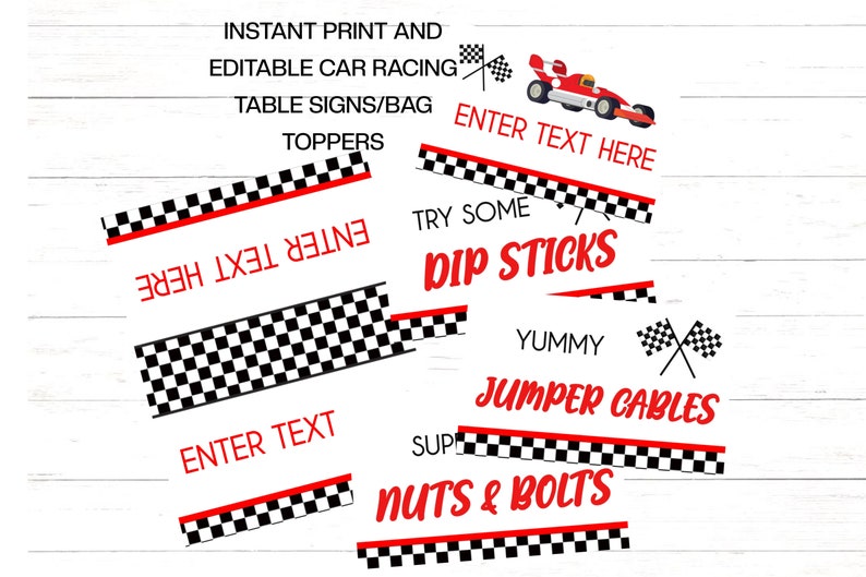 Editable Racing Birthday Signs Printable Car Race Party Signs x 5 to print or edit. Car Racing Table Signs Racing Party Bag Toppers RC image 10