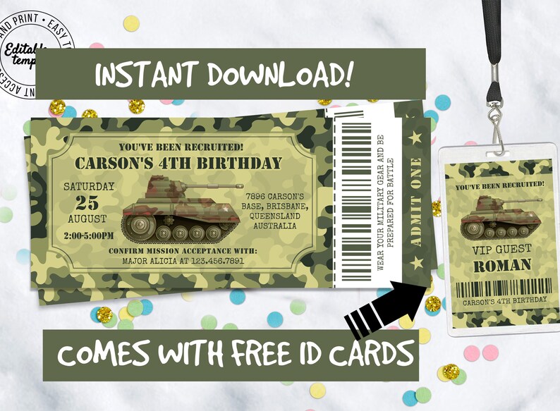 Editable Army Invitation Ticket Army ID Badges Included Army Ticket Invitation Army Birthday Invitation Military Invitation Tank Camo image 3