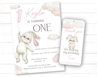 Editable Bunny Balloon Pink Girls 1st Birthday Invitation Bunny Birthday Invitation Pink Rabbit First Birthday Invitation PR