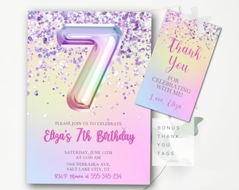 Editable 7th Birthday Invitation Glitter Seventh Birthday Invitation Editable Girls Invitation Rainbow Foil Pastel Girl Seventh Birthday GP1