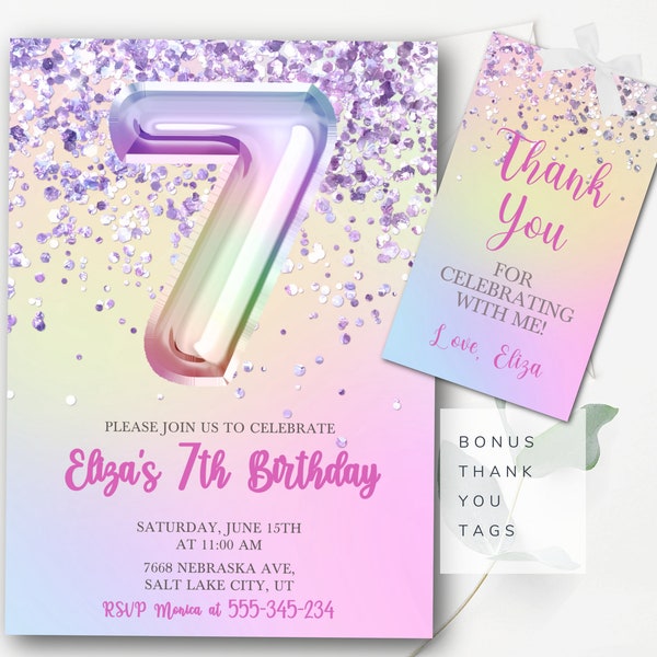 Editable 7th Birthday Invitation Glitter Seventh Birthday Invitation Editable Girls Invitation Rainbow Foil Pastel Girl Seventh Birthday GP1