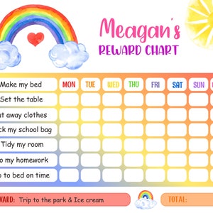 Editable Chore Chart, Kids editable rainbow reward chart, Behaviour chart, Goal Chart Template, Responsibility Chart