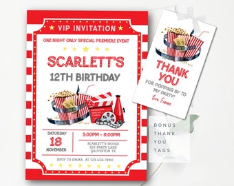 May include: Red and white striped movie ticket invitation with gold stars for a 12th birthday party. The invitation features a red and white striped popcorn bucket, a red and white striped soda cup, a film reel, a clapperboard, and a megaphone. The text on the invitation reads "VIP Invitation", "One Night Only Special Premiere Event", "Scarlett's 12th Birthday", "Saturday 18 November", "5:00PM - 8:00PM", "Scarlett's House 123 Party Lane Galveston TX", and "RSVP to Emma at 123.456.7890".
