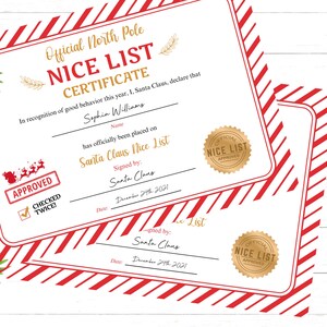Certificato Nice List di Babbo Natale modificabile Modello stampabile lettera ufficiale di certificato Nice List dalla scrivania di Babbo Natale