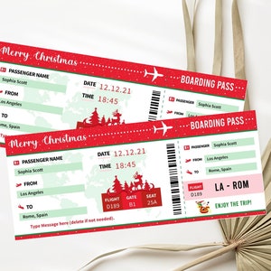 Modello modificabile della carta d'imbarco Biglietto aereo regalo di Natale Biglietto di viaggio regalo modificabile Modello stampabile della carta d'imbarco Carta d'imbarco finta