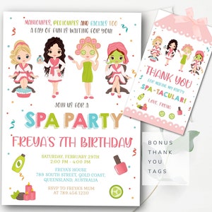 May include: A pink and white invitation for a spa party for a 7th birthday. The invitation features a cartoon illustration of four girls getting pampered at a spa. The text on the invitation reads "Join us for a Spa Party Freya's 7th Birthday".