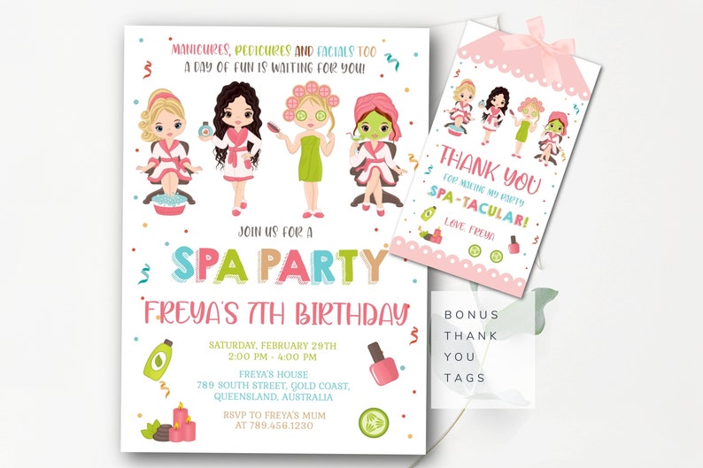 May include: A pink and white invitation for a spa party for a 7th birthday. The invitation features a cartoon illustration of four girls getting pampered at a spa. The text on the invitation reads "Join us for a Spa Party Freya's 7th Birthday".