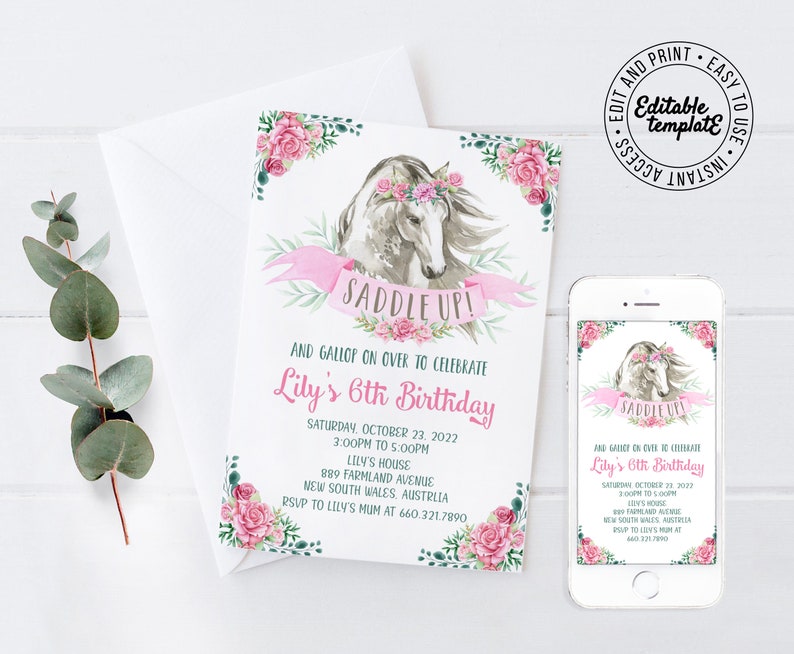 PONY Invitation, Horse birthday Invitation template you can personalize and print yourself using corjl. PONY invitation HBP9 image 1