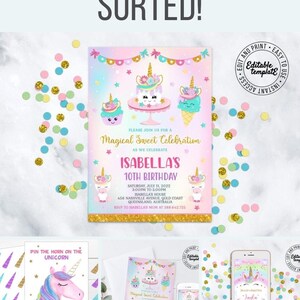 Op de afbeelding: Een printbare uitnodiging voor een unicorn-verjaardagsfeest met een roze, blauwe en gouden kleurschema. De uitnodiging toont een unicorn met een taart en ijshoorns. De tekst op de uitnodiging luidt "Sluit je aan bij ons voor een magische zoete viering terwijl we de 10e verjaardag van Isabella vieren".