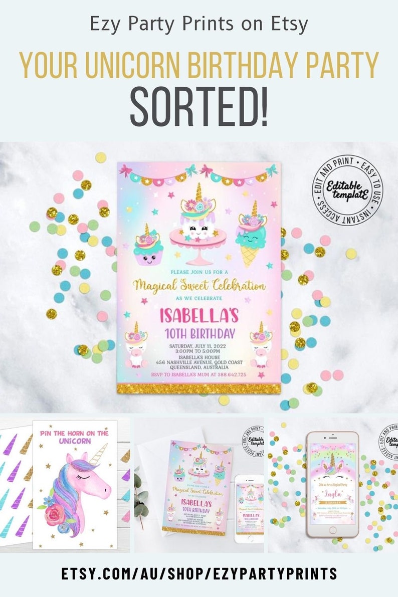 Op de afbeelding: Een printbare uitnodiging voor een unicorn-verjaardagsfeest met een roze, blauwe en gouden kleurschema. De uitnodiging toont een unicorn met een taart en ijshoorns. De tekst op de uitnodiging luidt "Sluit je aan bij ons voor een magische zoete viering terwijl we de 10e verjaardag van Isabella vieren".