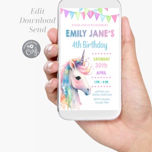 Może przedstawiać: Cyfrowe zaproszenie na 4. urodziny z akwarelową ilustracją jednorożca z tęczową grzywą i rogiem. Zaproszenie zawiera tekst "Emily Jane's 4th Birthday", "Saturday 30th April", "1 PM - 4 PM", "458 Party Ave. Robina, Gold Coast", "RSVP to Kendra 123.456.7890", oraz "@ezypartyprints".