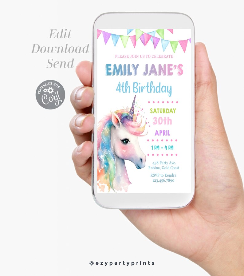 Może przedstawiać: Cyfrowe zaproszenie na 4. urodziny z akwarelową ilustracją jednorożca z tęczową grzywą i rogiem. Zaproszenie zawiera tekst "Emily Jane's 4th Birthday", "Saturday 30th April", "1 PM - 4 PM", "458 Party Ave. Robina, Gold Coast", "RSVP to Kendra 123.456.7890", oraz "@ezypartyprints".