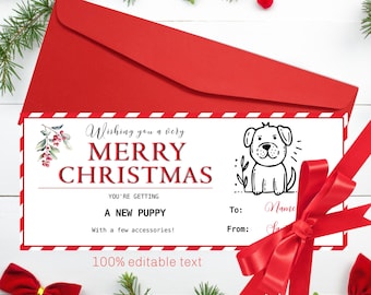 May include: A red Christmas card with a red envelope, featuring the text "Wishing you a very Merry Christmas." The card announces "A New Puppy" with a dog illustration. A red ribbon and greenery decorate the scene.