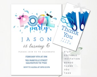 May include: Pool party invitation with the words "Pool Party" in pink and blue, with a beach ball and sunglasses graphic. The invitation includes the text "Jason is turning 6" and party details.