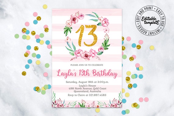 TEENAGE GIRL birthday Invitation that you easily personalize and print yourself instantly. PRINTABLE birthday party Invitation you can edit Il_570xn