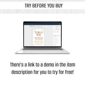 May include: A laptop displays a colorful "Thank You" card design with text. The card includes the phrases "For all that you do, you are appreciated, more than you know." The image also includes the text "Try Before You Buy" and "There's a link to a demo in the item description for you to try for free!"