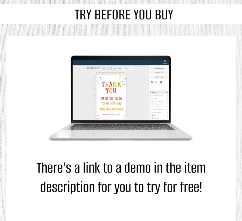 May include: A laptop displays a colorful "Thank You" card design with text. The card includes the phrases "For all that you do, you are appreciated, more than you know." The image also includes the text "Try Before You Buy" and "There's a link to a demo in the item description for you to try for free!"