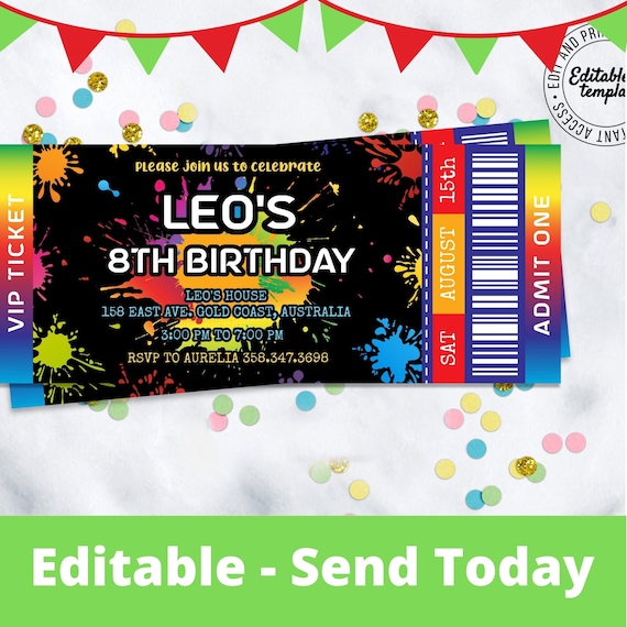 Editable Paintball Ticket Invitation to edit, download and print