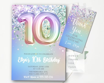 May include: A rainbow-colored glitter background with a large, iridescent number 10. The text "Elaza's 10th Birthday" is below the number. The invitation includes the date, time, and location of the party. A smaller card with the text "Thank You for celebrating with me! Love, Eliza" is included.