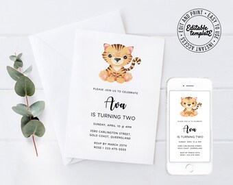 Bearbeitbare Tiger Jungtier-Geburtstags-Einladung Tiger-Geburtstags-Party-Einladung Jungtier-Einladung Tiger-Einladung Tier-Geburtstags-Party