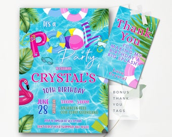Invitación editable para fiesta en la piscina Invitación para fiesta de natación Invitación para fiesta de cumpleaños en la piscina Invitación para fiesta de cumpleaños tropical Descarga instantánea