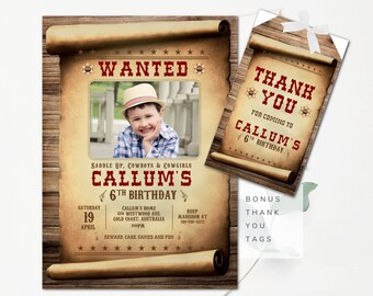 May include: A vintage-style wanted poster with a photo of a boy wearing a cowboy hat. The poster is for Callum's 6th birthday party. The poster has a brown wooden background and is decorated with stars and sheriff's badges. The text on the poster reads "Saddle Up. Cowboys & Cowgirls Callum's 6th Birthday".