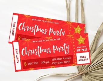 Editable Christmas Invitation Ticket Template Christmas Party Invitation VIP Party Pass Template Red and Gold Christmas Invitation