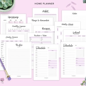 May include: A selection of white paper planner pages with lilac accents. The pages feature sections for upcoming events, monthly expenses, yearly finance, to-do lists, recipes, and school schedules. A lilac pen and binder clips are also visible.